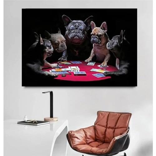 Modern Funny Animal Art Posters And Prints French Bulldogs Playing Cards Canvas Painting Wall Pciture For Living Room Home Decor