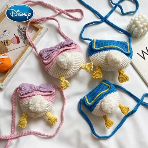 Disney duck cute Kids bag new woolen yarn DIY woven shoulder bag Korean cartoon baby coin purse messenger bag parent-child bag
