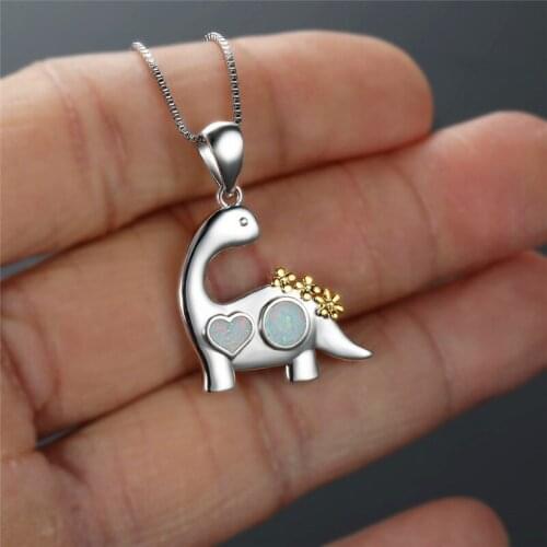 Vintage Female Heart Round Opal Pendant Necklace Boho Dinosaur Gold Color Flower Necklaces For Women Cute Bride Wedding Necklace