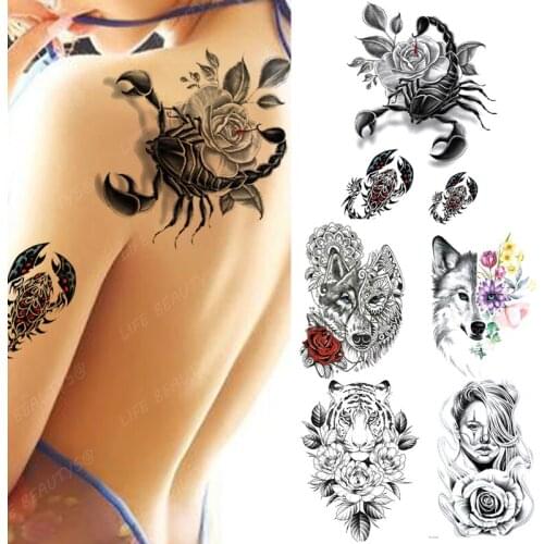 Snake Flower Scorpion Rose Fox Wolf Waterproof Temporary Tattoo Sticker Tiger Women Animals Flash Black Body Art Fake Sleeve