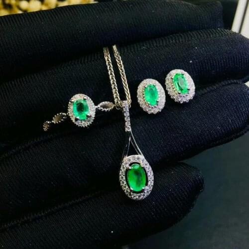 SHILOVEM 925 sterling silver real Natural Emerald pendants rings earrings fine Jewelry women Christmas gift jctz040603051agml