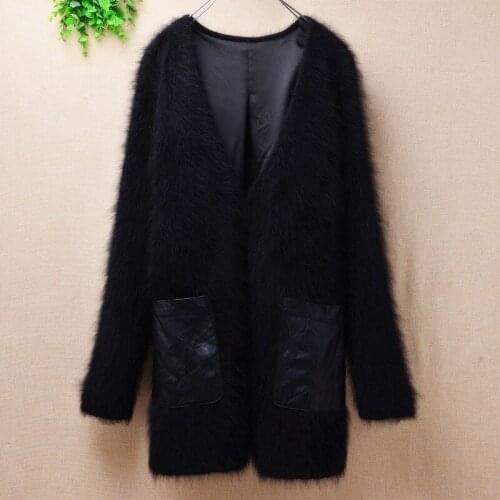 Top mujer femme winter warm mink cashmere medium long mink cashmere V-neck cardigans coat angora fur knitted black jacket P95