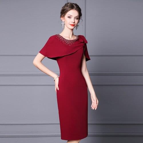 Luxury Dress 2021 Summer Bodycon Party Women Cape Poncho Style Ladies Hand Made Beading Deco Slim Fitted Knee -Length Dress
