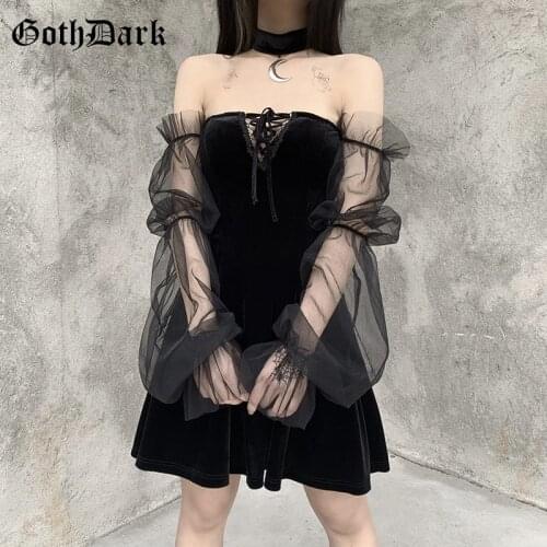 Goth Dark Gothic Mesh Patchwork Black Dresses High Waist Lace Up Front Backless Off Shoulder Mini Dress Pleated Women Partywear