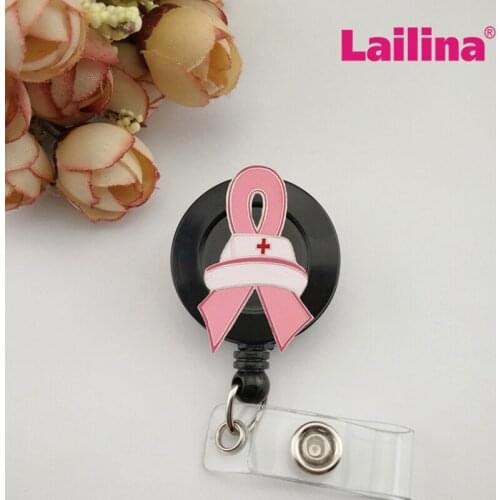 20pcs Breast Cancer Awareness Pink Ribbon Retractable Badge Reel Ribbon Enamel Nurse Hat ID Card Badge Holder Clips