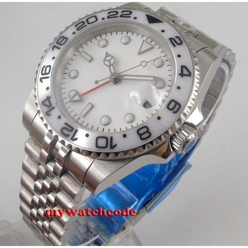 40mm Bliger White Dial GMT Jubilee Bracelet Sapphire Glass Automatic Mens Watch Solid Back