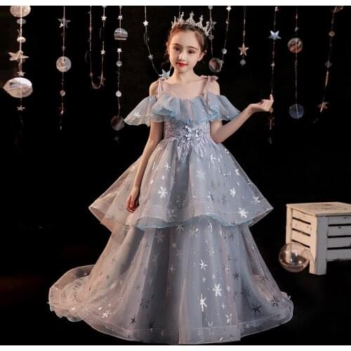 Flower Girl Dress Off The Shoulder Pearls Embroidery Sequined Appliques Spaghetti Straps Princess Lace Tulle Kid Party Gown H204