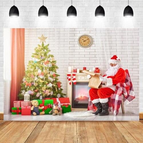Photography Background Santa Claus Indoor Fireplace Christmas Tree Resting Armchair Backdrop Photo Background Studio