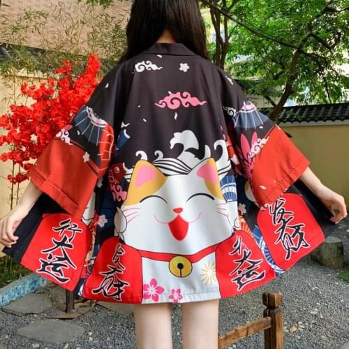 Loose Beach Cardigan Asian Fashion Red Black Lucky Cat Women Harajuku Japanese Kimono Cosplay Style Tops Blouse Yukata Clothing