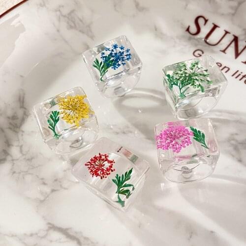 New Transparent Resin Dried Flower Acrylic Ring Female Geometric Square DIY Handmade Charm Ring Jewelry Party Gift