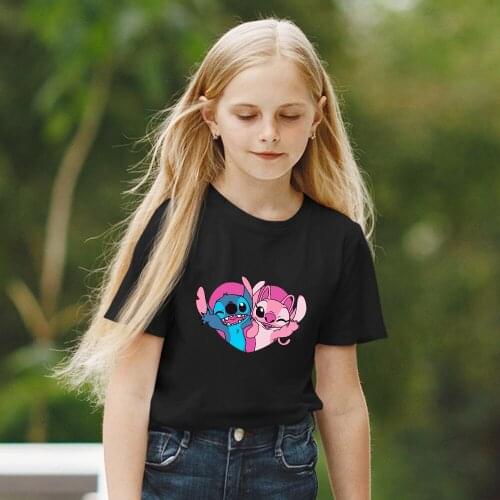 Summer Brothers And Sisters Top Disney Lilo & Stitch Kawaii Printing Series Black White Tees Comfort Kids Short Sleeve Dropship