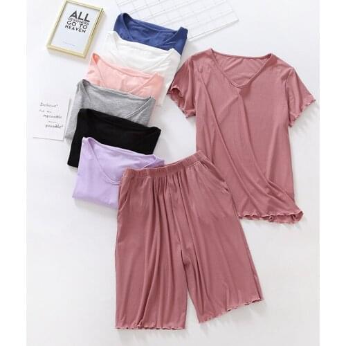 Modal pajamas womens short-sleeved shorts summer thin home service suit V-neck fungus loose large size
