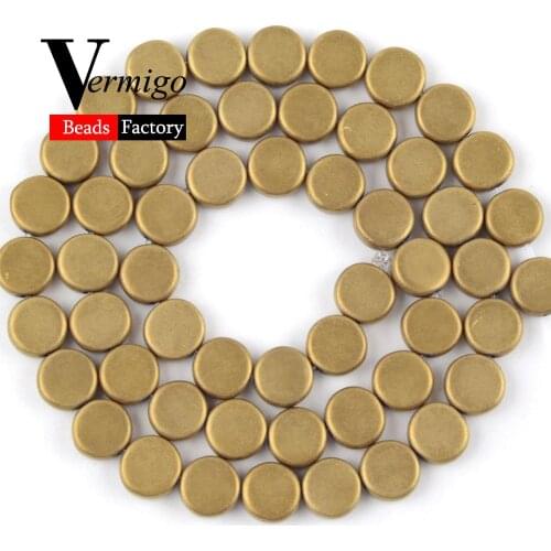 Flat Round Dull Polish Gold Hematite Natural Stone Beads For Jewelry Making DIY Necklace Bracelet Spacer Loose Beads 6-10mm 15"