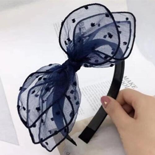 Navy Blue Mesh Bow Hairband Toothed for Women Romantic Dots Headband Bow Adults Solid Headband Women Korean Lace Bow Head Band