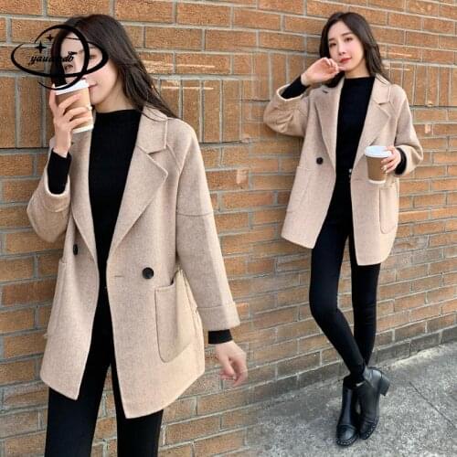 Xs-2xl Womens Wool Coats Spring Autumn Female Blends Jackets Turn-Down Collar Long Style Ladies Outerwear Top Clothes Hy90