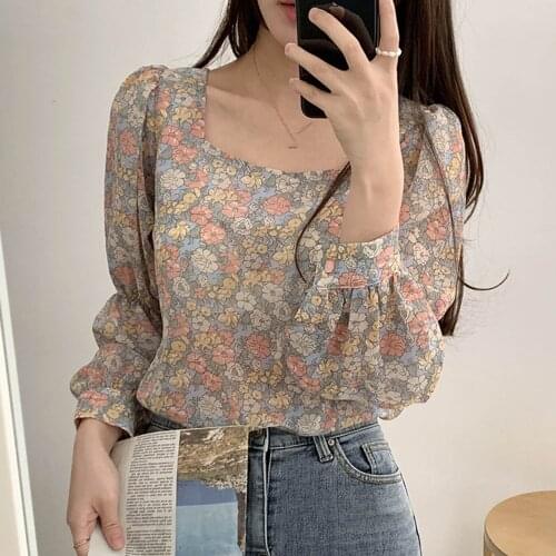 Fashion Small Floral Print Women Blouses Puff Sleeve O Neck Ladies Tops Shirts Long Sleeve Sweet Harajuku Shirt Женский Пуловер