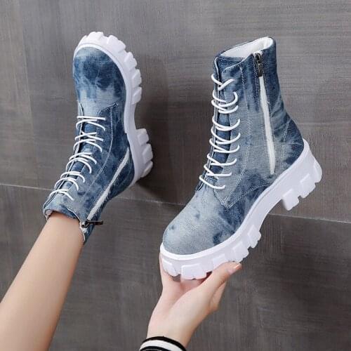 2021 New Denim Women Boots Ladies Chunky Heel Platform Round Toe Shoes Denim Ankle Women Boots Jeans Casual Lace Up Boots