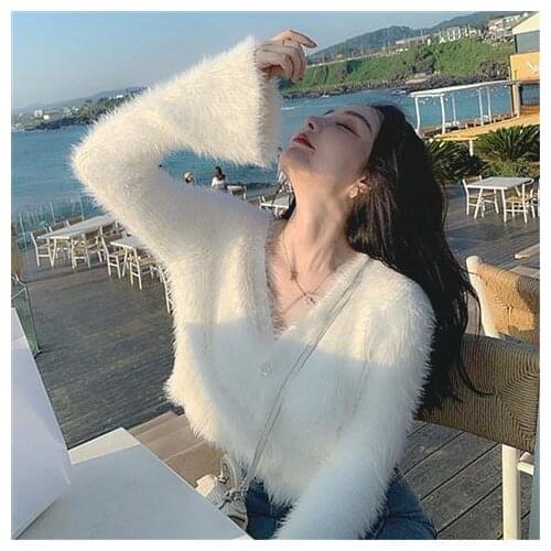 Sweet Women V-Neck Loose Mink Cashmere Sweater Coat Fleece Knitted Cardigan Autumn Winter Hair Mohair Jacket Knitwear Crop Tops