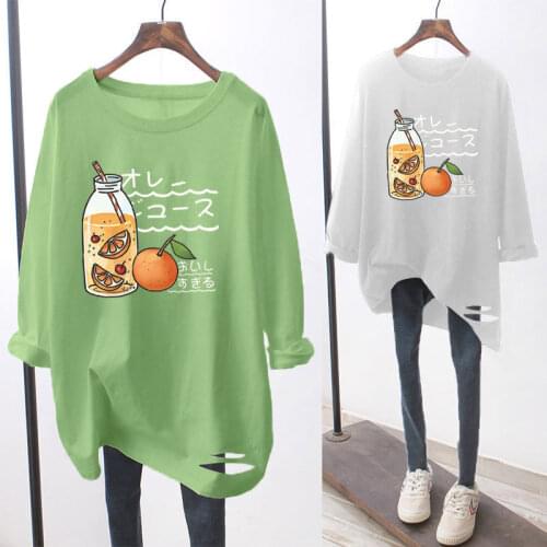 2020 New Korean Version Long-sleeved Womens Top Loose Round Neck Pullover Hole All-match T-shirt Oversized T Shirt for Women