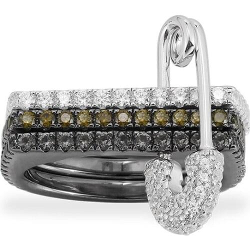 SLJELY Fashion Real 925 Sterling Silver Khaki Dark Grey White Triple Hoop Safety Pin Ring AAA Zirconia Women October New Jewelry