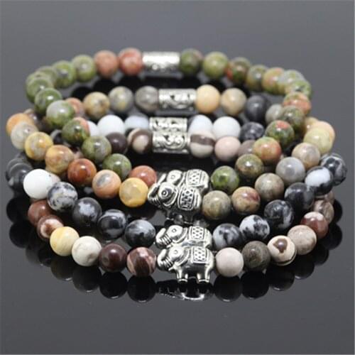 10pcs beaded silver plated elephant charm women bracelet natural 6mm unakite/Stone/zebra round stone beads bracelet for girl