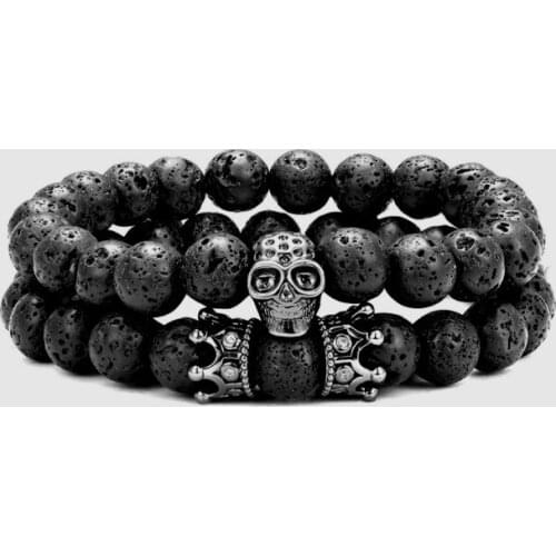 2pcs/lot 8mm skull crown gold silver copper cz zircon cubic zirconia beads bohemian Bracelet agate Onyx Stone Bangles fc343