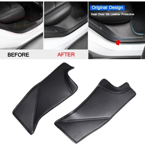2Pcs Car PU Leather Rear Door Sill Protector Anti Kick Pad Trim Fit for Tesla Model Y, Small Dust Can be Wiped With Towel