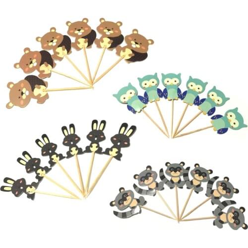 24pcs Cartoon Animals Cupcake Decorations Raccoon Bear Rabbit Owl Cake Topper Picks Kids Birthday Baby Shower Party Supplies