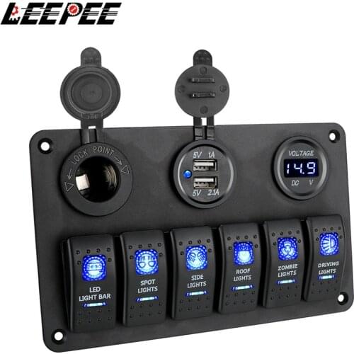 Car Marine Circuit Breaker 6 Gang Rocker Switch Panel ON/OFF Lights LED Digital Voltmeter Dual USB Ports DC 12V/24V Waterproof