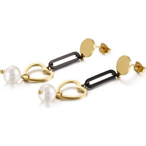 European and American new heart-shaped pearl long earrings creative retro simple titanium steel jewelry