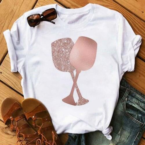 Women T-Shirt Kawaii Rose Gold Wine Glasses Print White T-Shirt Casual Ladies Tshirt Fashion Summer Short Sleeve Tees Camisetas