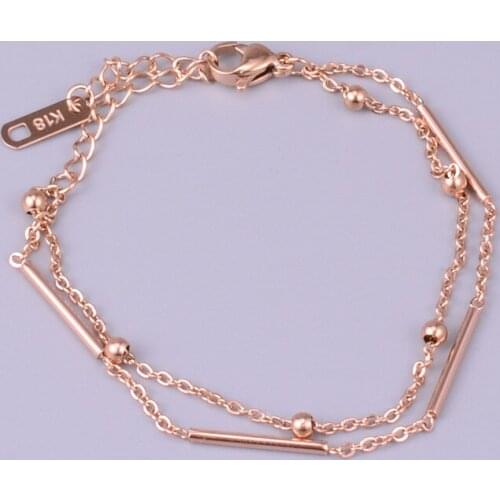 HOT Silver Rose Gold Colour Round Bar Titanium Steel Bead Two Lines Layers Statement Cuff Bracelet Bijoux Acier Inoxydable Femme