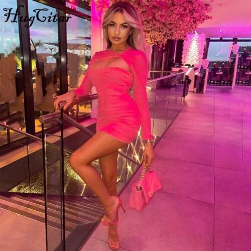 Hugcitar 2021 Solid Mesh Long Sleeves Square Collar Crop Out Draped Sexy Mini Dress Fall Women Fashion Elegant Wear Party Club