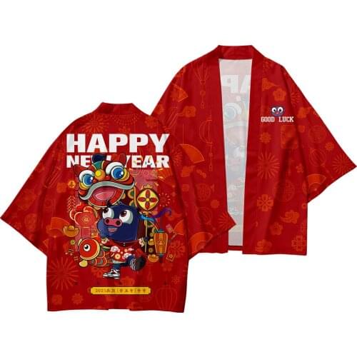 Printed Kimono Chinese Cardigan Men Red Samurai Costume Streetwear Funny Haori Yukata Male