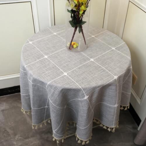 Nordic Style Grid Round Table Cloth Embroidered Lace Cloths Washable Cotton Tablecloth Cover for Christmas Wedding Table Decor
