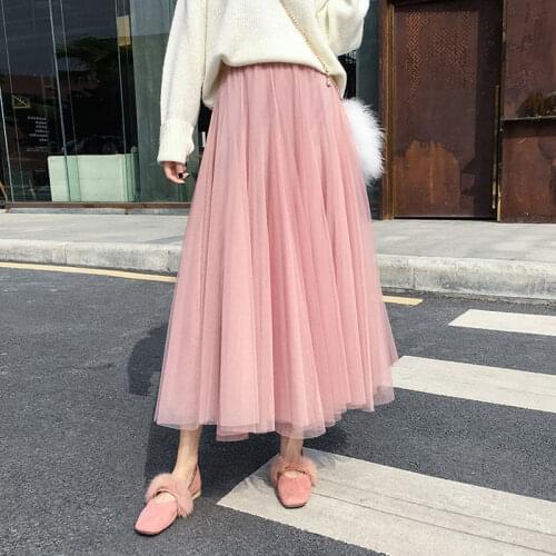 Summer Tulle Skirts Women Midi Pleated Skirts Black Tulle Skirt Women Big Girl Kid Spring Elastic High Waist Mesh Tutu Skirts
