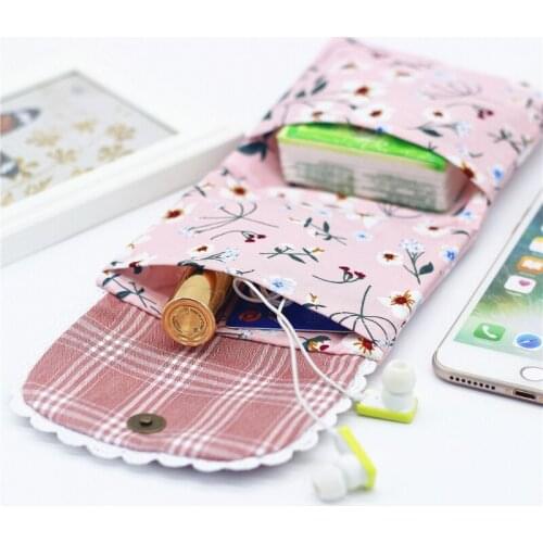 Retro Floral Small Cosmetic Bag Tampon Pouch Lady Lace Cotton Fabric Flower Pattern Sanitary Pad Storage Purses for Sweet Girls