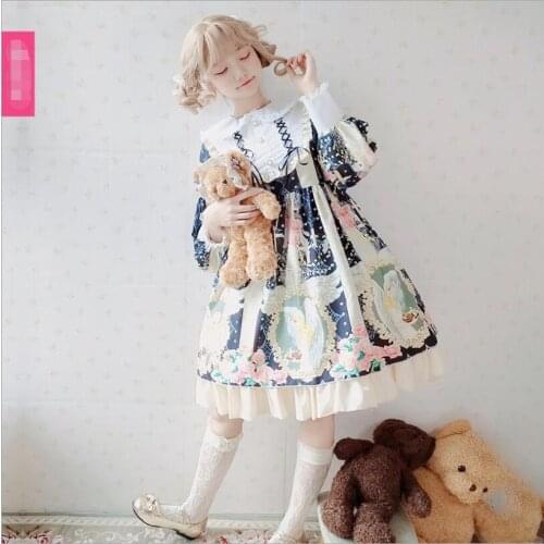 Lolita Japanese sweet ruffled long-sleeve OP dress Lolita Peter pan Collar Teens Girls retro court Cos Loli princess dress