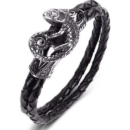 Double Genuine Leather Bracelet Men Stainless Steel Lizard Braided Bangles Punk Hip Hop Party Jewelry Male Wrist Band Gifts P547