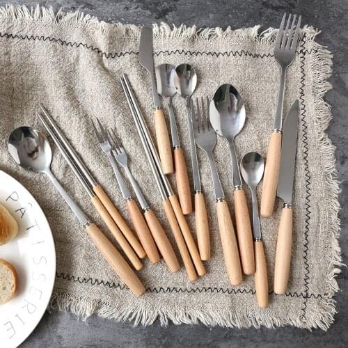 Wooden Handle Outdoor Tableware Set Stainless Steel Knife Fork Food Steak Knife Coffee Dessert Spoon Scoop Fruit Chopstick 1pc