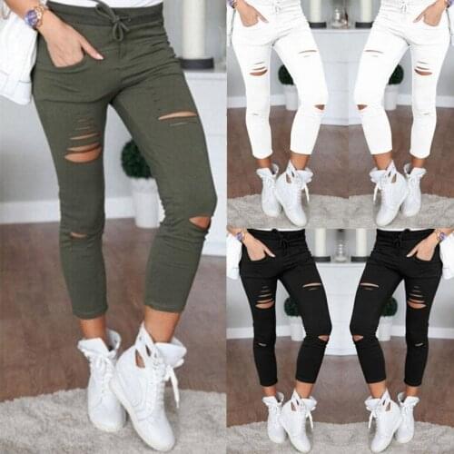 New 2020 Skinny Jeans Women Denim Pants Holes Destroyed Knee Pencil Pants Casual Trousers Black White Stretch Ripped Jeans