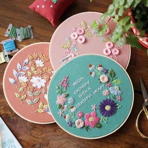 New 3pcs Floral Cross Stitch Kit For Beginners Adults Kids Patterned Embroidery Cloth Bamboo DIY Material Package Hook Tools