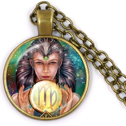 Handmade Esoteric 12 Constellations Glass Dome Necklace Leo Virgo Scorpio Zodiac Sign Pendant Necklaces for Birthday Gift 2021