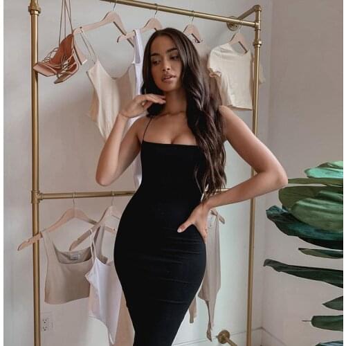 Spaghetti Strap Dress Bodycon Women Summer Elegant Sleeveless Outfits Vintage Party Sexy Clubwear Solid Midi Dresses Vestidos