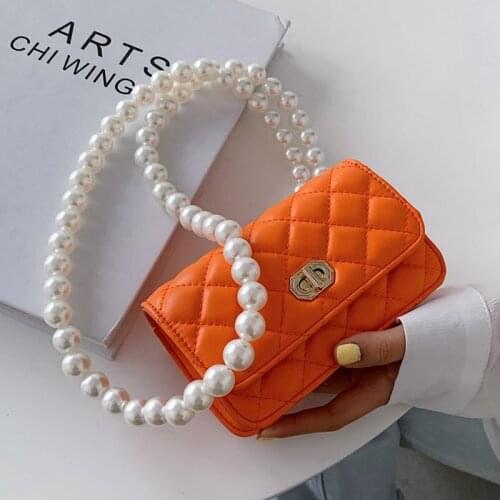 Luxury Brand Small Square Bag Women Fashion Designer Pearl Chain Shoulderbags High quality PU Leather Handbags Ladies Purse