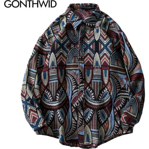 GONTHWID Knitted Shirts Nation Style Geometry Flowers Color Block Patchwork Long Sleeve Button Shirt Hip Hop Casual Tops Coats