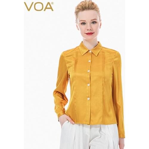 VOA Satin 19m/m Stretch Twill Silk Shirt Long-sleeved Single-breasted Tucker Pleated Stitching Shirt BE136 Women Blouses