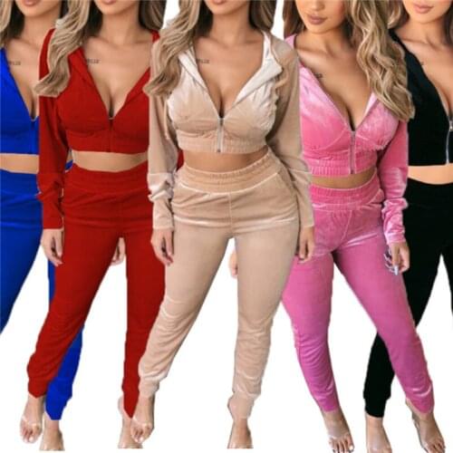Women Autumn Winter Warm Velvet Casual Clothing Sets Long Sleeve Hooded Coat Crop Top + High Waist Pants Sweatpants Tracksuits
