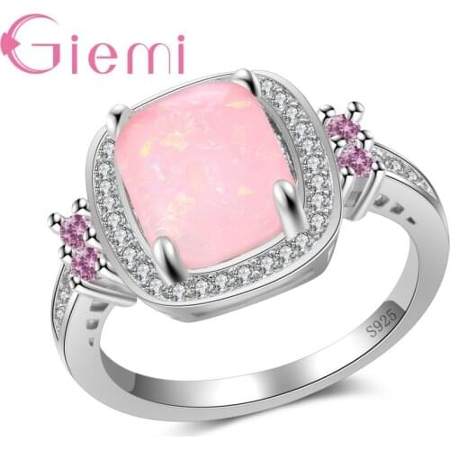 Sweet Pink Fire Opal Rings for Women Square Cut Crystal Jewelry 925 Sterling Silver Anillos Best Wedding Bridal Bijoux