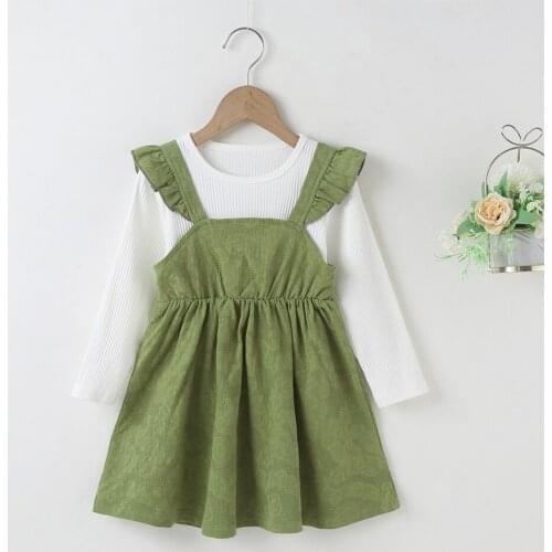 Winter 2021 Girls Dress Girls Cute Dress Long Sleeve O Neck Fake 2Pcs Military Green Cute Streetwear Dresses Vestidos 18M-6T